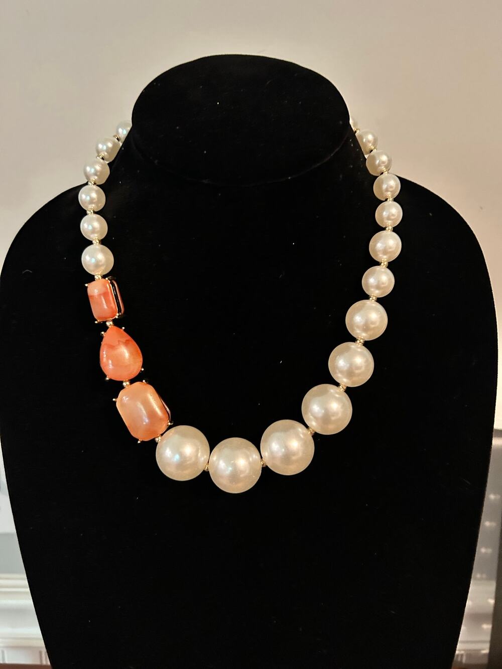 Vintage Style Cream Faux Pearl Carnelian Orange Bead Necklace 18 Inch Statement